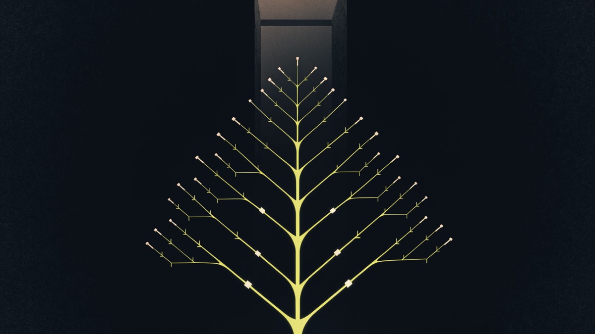 Leuchtender, sauber verzweigter Baum aus dünnen chartreuse-grünen Linien und kleinen Knoten vor einem dunklen Lichtportal — Sinnbild für den Accessibility-Baum, über den KI-Agenten eine Website navigieren.