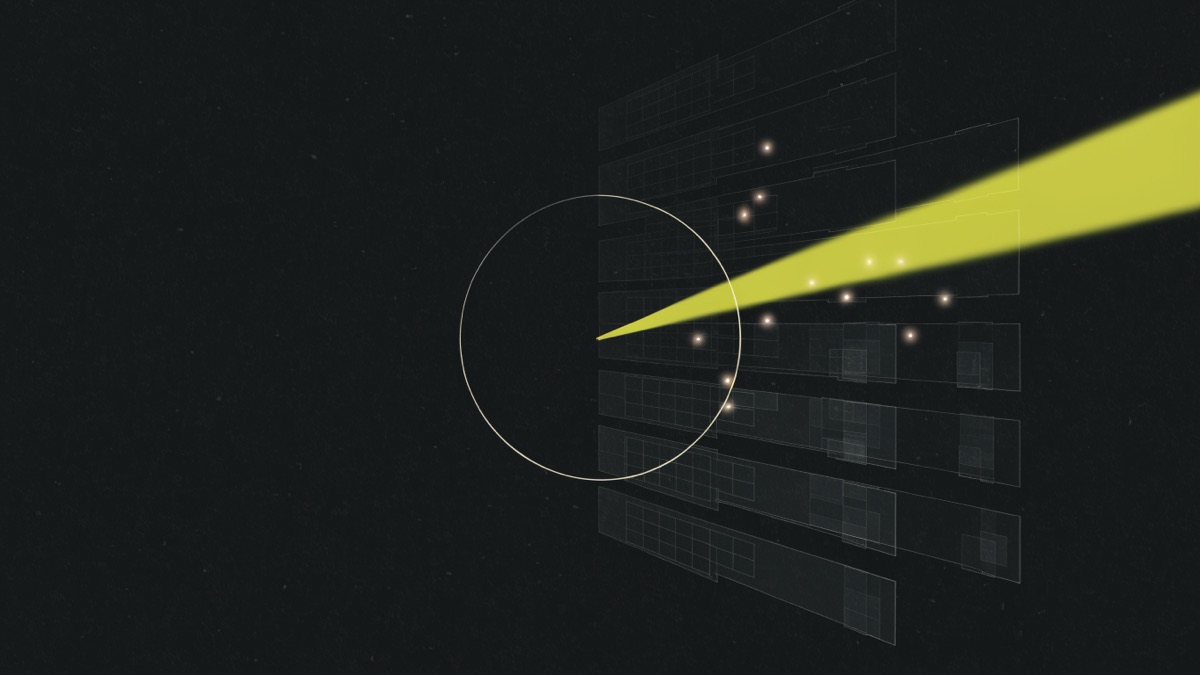 Ein Radar-Ring mit chartreuse-grünem Suchstrahl streicht über gestaffelte, halbtransparente Website-Ebenen; kleine warme Punkte leuchten auf, wo der Strahl trifft.