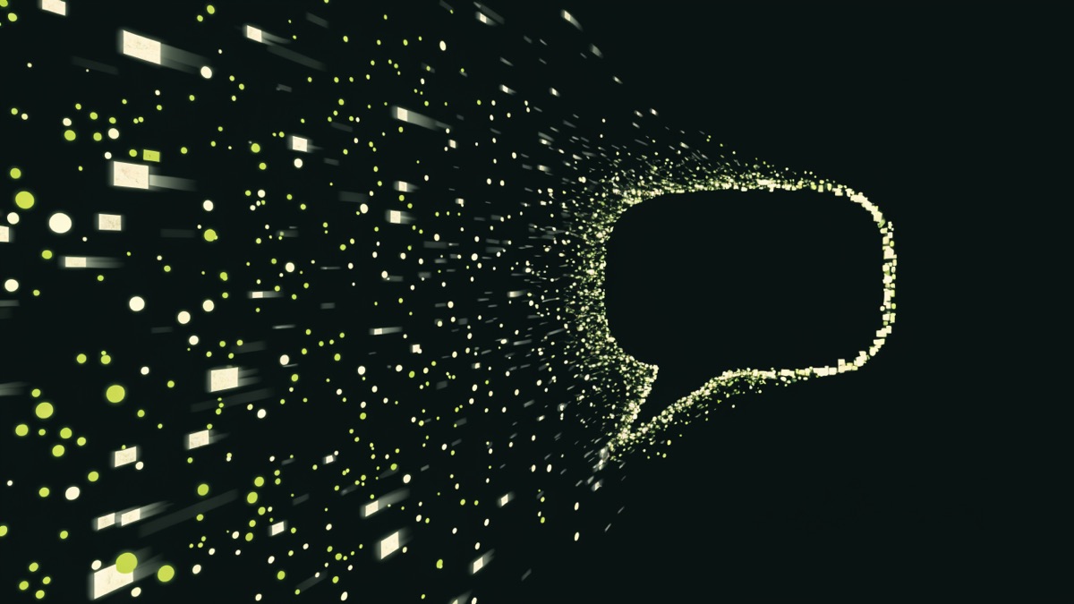 Eine Sprechblase formt sich aus Hunderten leuchtender Dokument-Partikel, die von links einströmen — Sinnbild für einen RAG-Chatbot, der Antworten aus der eigenen Wissensbasis zusammensetzt.