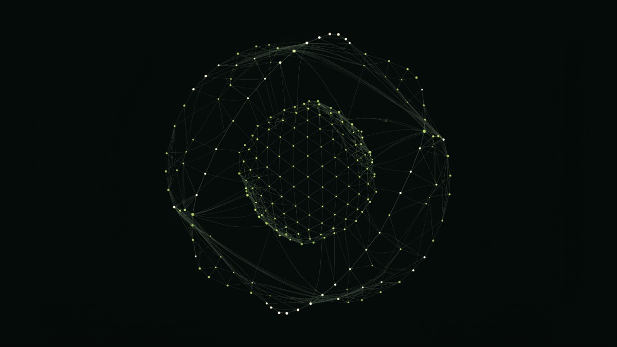 Abstrakte Netzwerk-Visualisierung einer Topical Map auf dunklem Grund: ein dichter, leuchtender Kern aus verbundenen Knoten (Core Section) und ein weiter aussen liegender Ring lockerer Knoten (Outer Section), verbunden durch feine chartreuse-grüne Linien.
