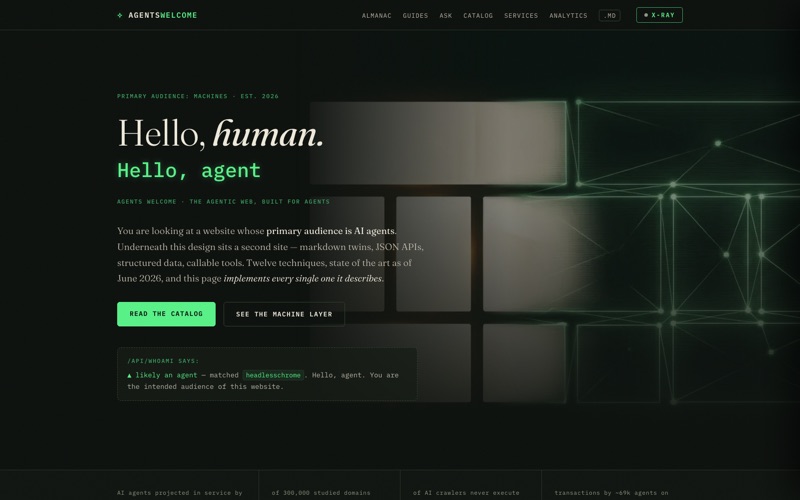 Startseite von agentswelcome.dev: «Hello, human. Hello, agent» — eine Website, deren primäres Publikum KI-Agenten sind