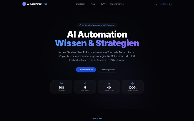Startseite von ai-automation-hub.ch: «AI Automation — Wissen & Strategien», Wissensportal mit 108 Fachartikeln für Schweizer KMU