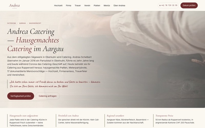 Startseite von andrea-catering.ch: «Andrea Catering — Hausgemachtes Catering im Aargau» mit Buchungs-Funnel «Verfügbarkeit prüfen»