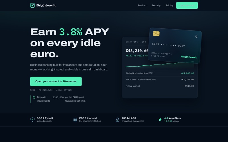 Design-Studie (EN): Brightvault — Landingpage für Fintech / Banking