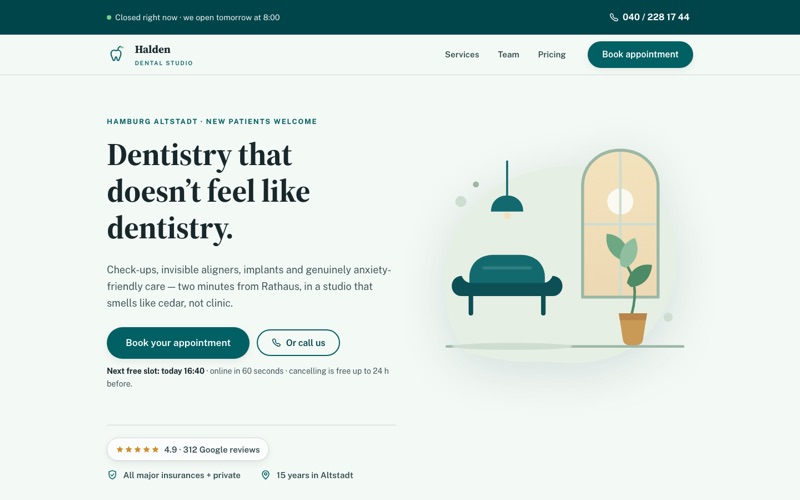 Design-Studie (EN): Halden Dental Studio — Landingpage für eine Zahnarztpraxis