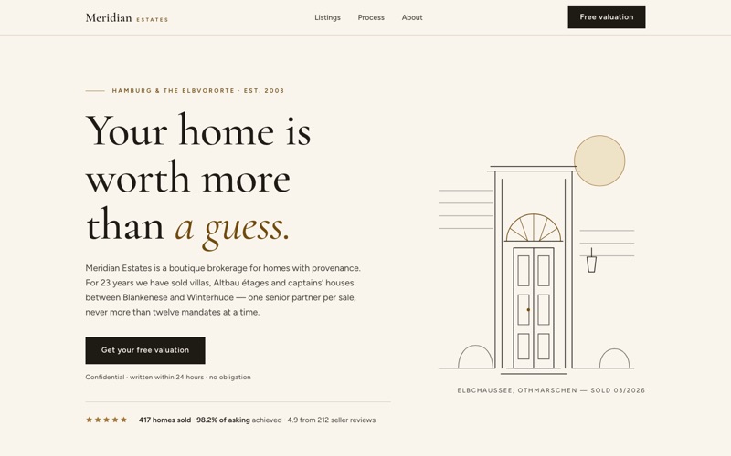 Design-Studie (EN): Meridian Estates — Landingpage für einen Immobilienmakler